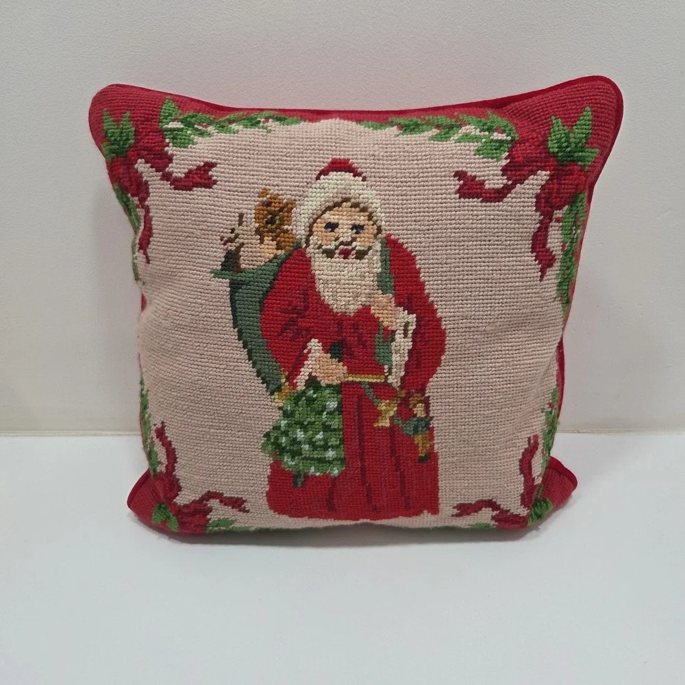 Vintage Needle Point Pillow Cover, Pillow, Santa, Red, Zip Back